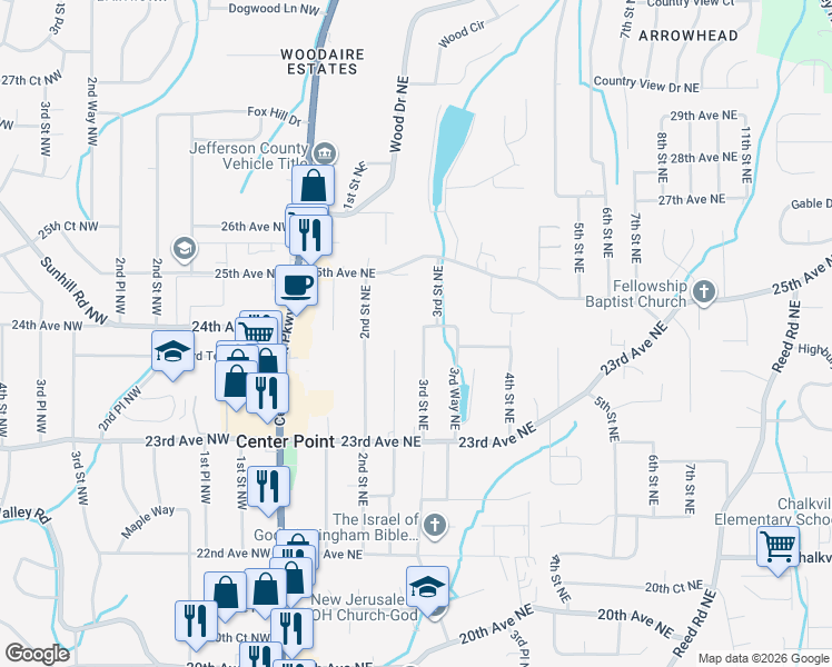 map of restaurants, bars, coffee shops, grocery stores, and more near 2344 3rd Street Northeast in Center Point