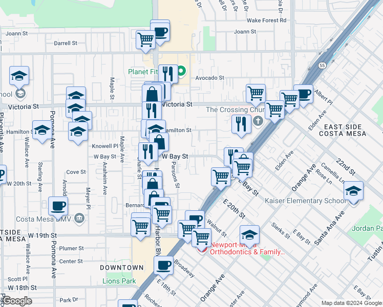 map of restaurants, bars, coffee shops, grocery stores, and more near 396 West Bay Street in Costa Mesa