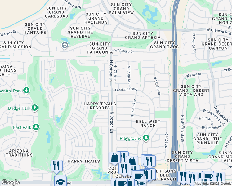 map of restaurants, bars, coffee shops, grocery stores, and more near 17086 West Stevenage Street in Surprise