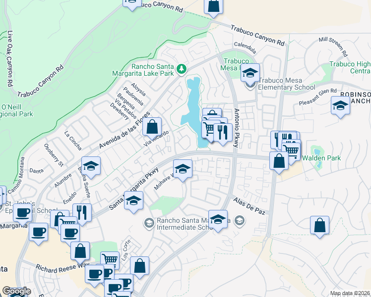 map of restaurants, bars, coffee shops, grocery stores, and more near 66 Montana Del Lago Drive in Rancho Santa Margarita
