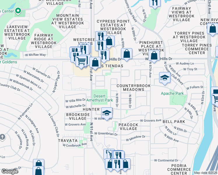 map of restaurants, bars, coffee shops, grocery stores, and more near 18190 North 89th Lane in Peoria