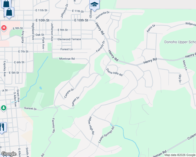 map of restaurants, bars, coffee shops, grocery stores, and more near 33 Sunset Drive in Anniston