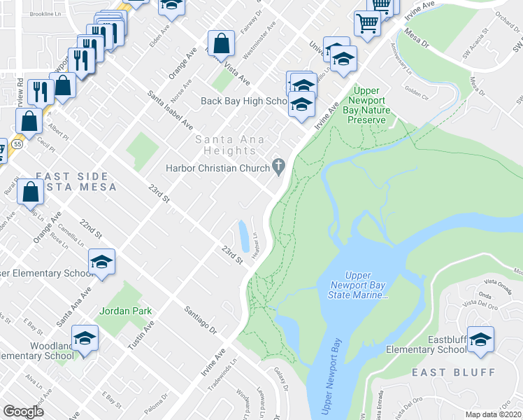 map of restaurants, bars, coffee shops, grocery stores, and more near 2335 Irvine Avenue in Newport Beach