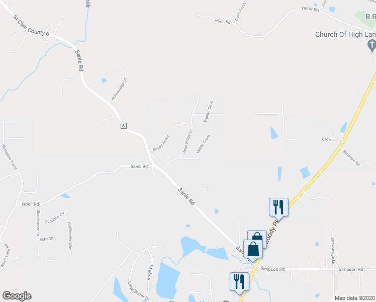 map of restaurants, bars, coffee shops, grocery stores, and more near 5375 Jean Ridge Lane in Odenville