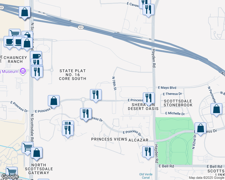 map of restaurants, bars, coffee shops, grocery stores, and more near 7748-7808 East Princess Boulevard in Scottsdale