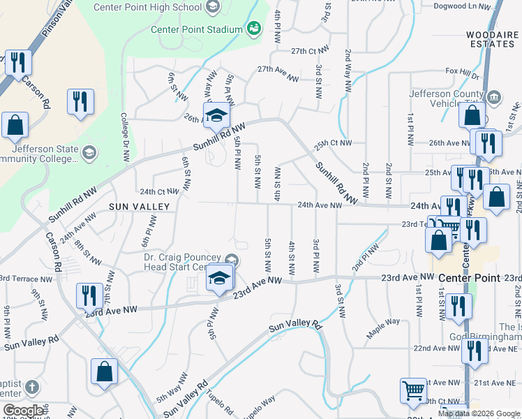 map of restaurants, bars, coffee shops, grocery stores, and more near 2400 5th Street Northwest in Center Point