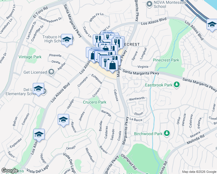 map of restaurants, bars, coffee shops, grocery stores, and more near 27771 Higuera in Mission Viejo