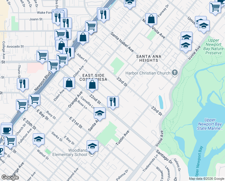 map of restaurants, bars, coffee shops, grocery stores, and more near 270 Cecil Place in Costa Mesa