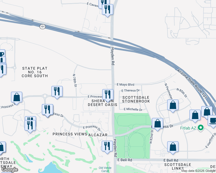 map of restaurants, bars, coffee shops, grocery stores, and more near N Hayden Rd in Scottsdale
