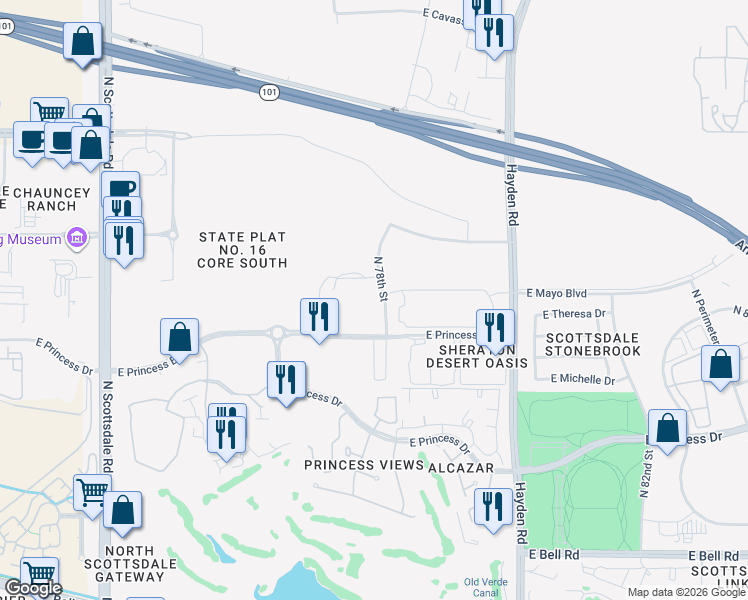map of restaurants, bars, coffee shops, grocery stores, and more near 7748-7808 East Princess Boulevard in Scottsdale