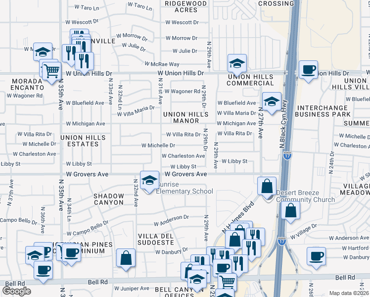 map of restaurants, bars, coffee shops, grocery stores, and more near 2954 West Michelle Drive in Phoenix