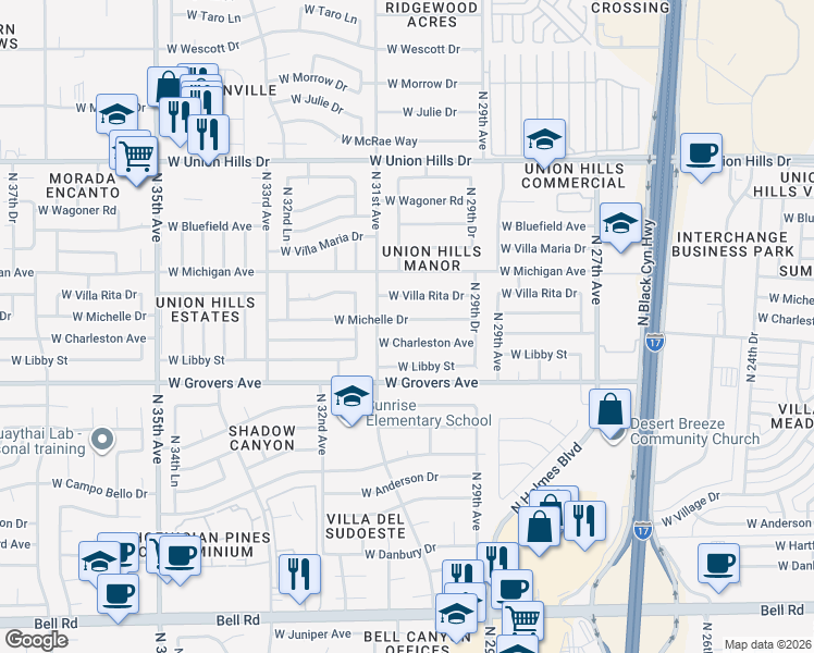 map of restaurants, bars, coffee shops, grocery stores, and more near 3032 West Michelle Drive in Phoenix