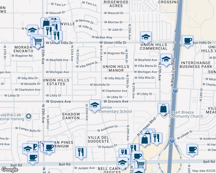 map of restaurants, bars, coffee shops, grocery stores, and more near 3032 West Michelle Drive in Phoenix