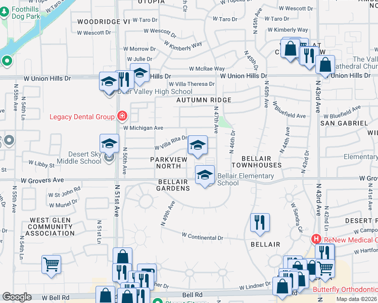 map of restaurants, bars, coffee shops, grocery stores, and more near 4744 West Charleston Avenue in Glendale
