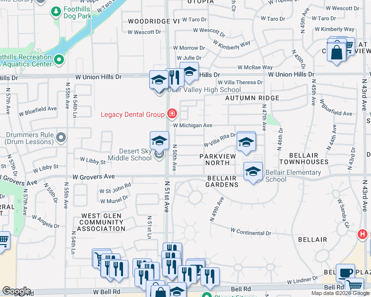 map of restaurants, bars, coffee shops, grocery stores, and more near 4952 West Villa Rita Drive in Glendale