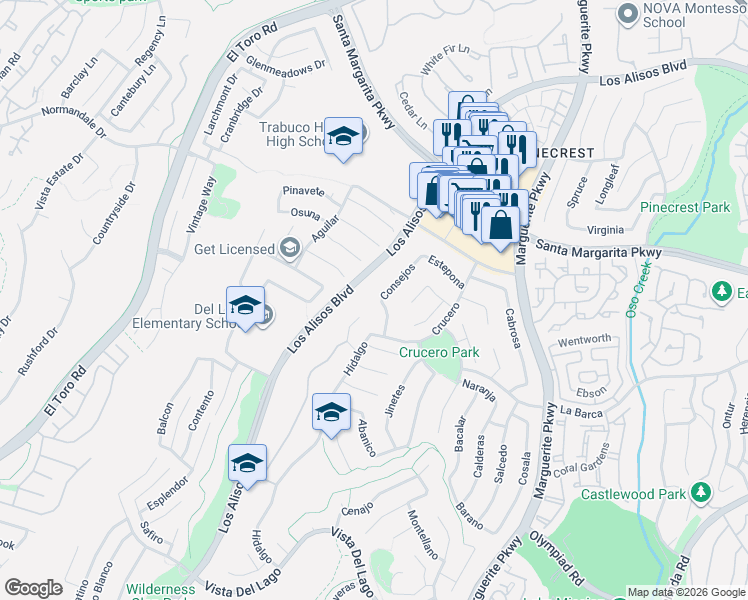 map of restaurants, bars, coffee shops, grocery stores, and more near 21605 Consejos in Mission Viejo