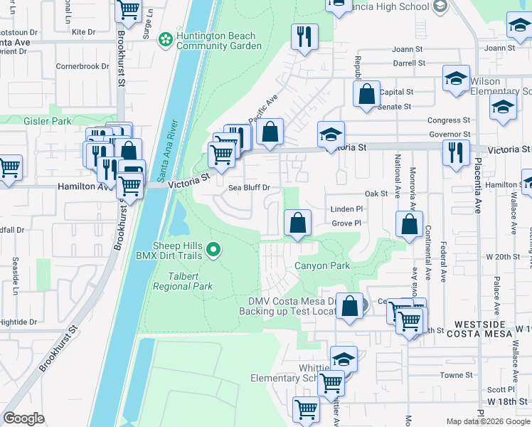 map of restaurants, bars, coffee shops, grocery stores, and more near 2067 Sea Cove Lane in Costa Mesa