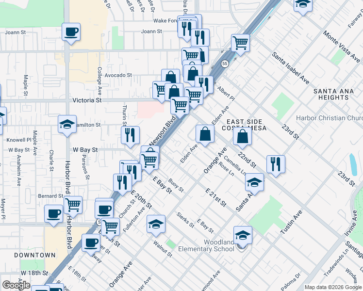 map of restaurants, bars, coffee shops, grocery stores, and more near 2150 Newport Boulevard in Costa Mesa