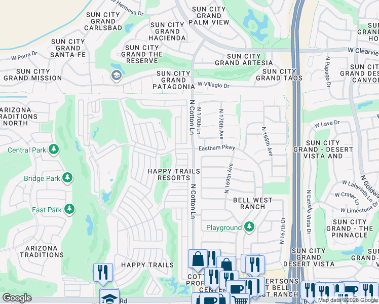 map of restaurants, bars, coffee shops, grocery stores, and more near 17086 West Stevenage Street in Surprise