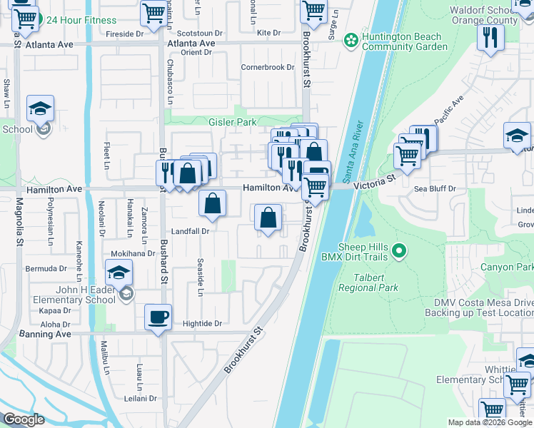map of restaurants, bars, coffee shops, grocery stores, and more near 21551 Brookhurst Street in Huntington Beach