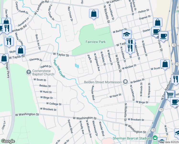 map of restaurants, bars, coffee shops, grocery stores, and more near 1201 Park Place in Sherman