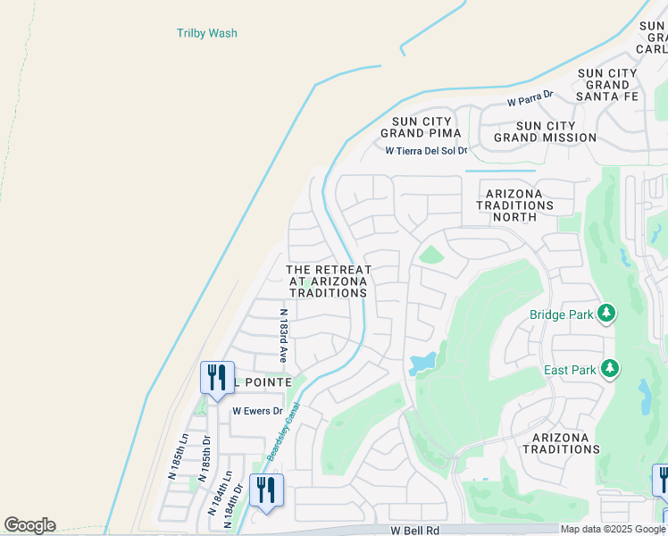 map of restaurants, bars, coffee shops, grocery stores, and more near 18192 West Skyline Drive in Surprise