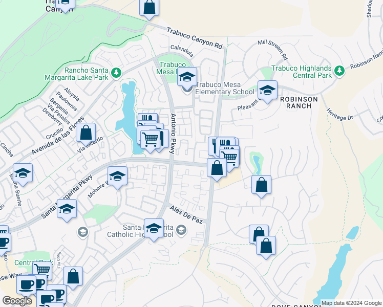 map of restaurants, bars, coffee shops, grocery stores, and more near 78 Flor De Sol in Rancho Santa Margarita