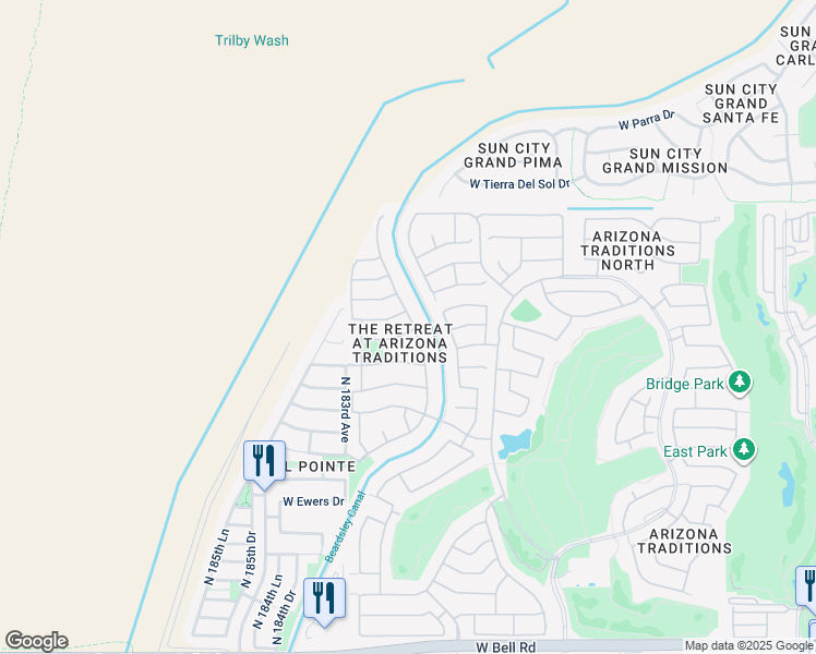 map of restaurants, bars, coffee shops, grocery stores, and more near 18192 West Skyline Drive in Surprise