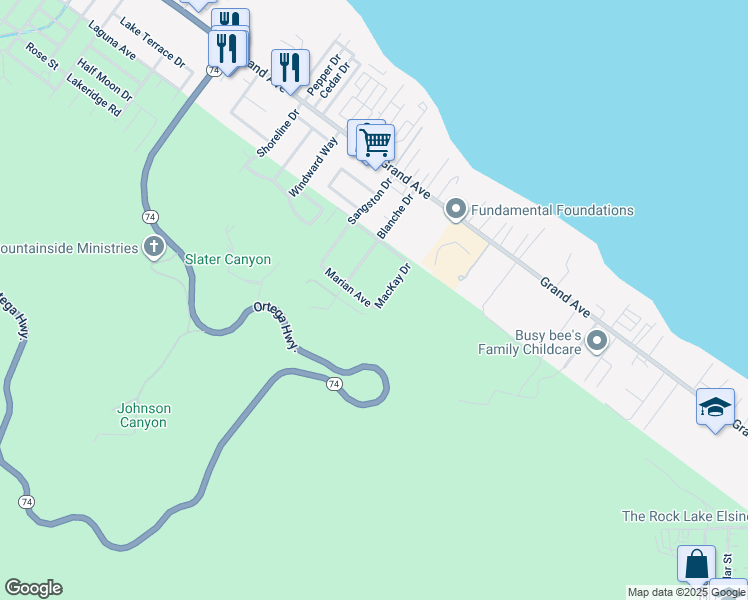 map of restaurants, bars, coffee shops, grocery stores, and more near 33291 Mackay Drive in Lake Elsinore
