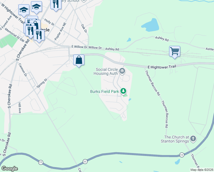 map of restaurants, bars, coffee shops, grocery stores, and more near 408 Dove Lane in Social Circle