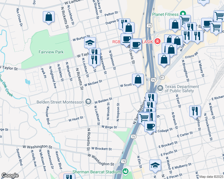 map of restaurants, bars, coffee shops, grocery stores, and more near 1502 North Alexander Street in Sherman