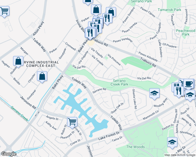 map of restaurants, bars, coffee shops, grocery stores, and more near 24602 Vía Del Rio in Lake Forest