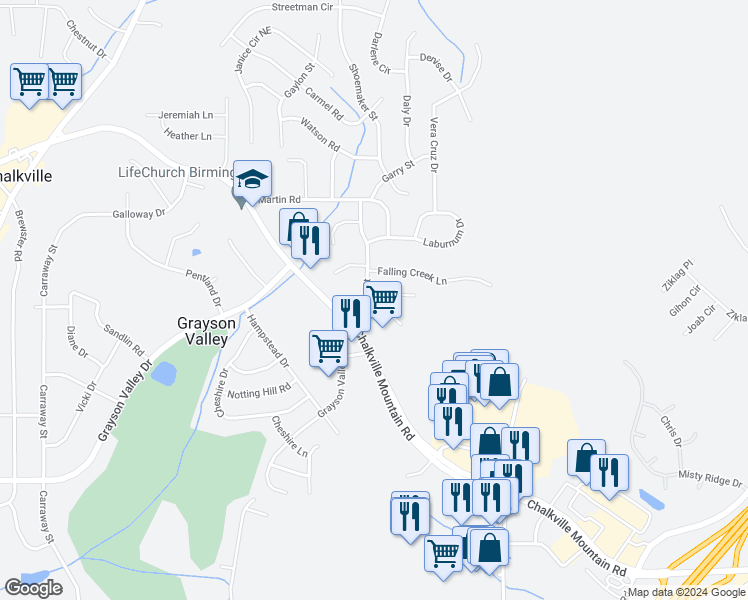 map of restaurants, bars, coffee shops, grocery stores, and more near 2702 Evergreen Drive in Birmingham