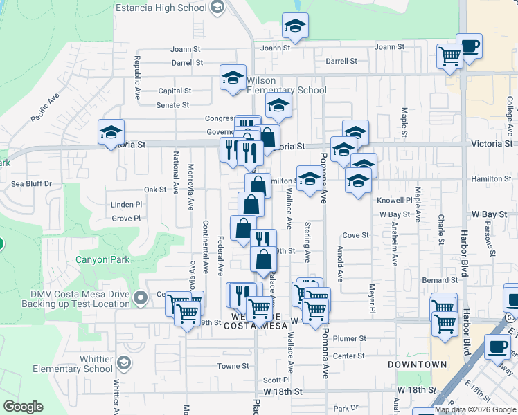 map of restaurants, bars, coffee shops, grocery stores, and more near 2060b Palace Avenue in Costa Mesa