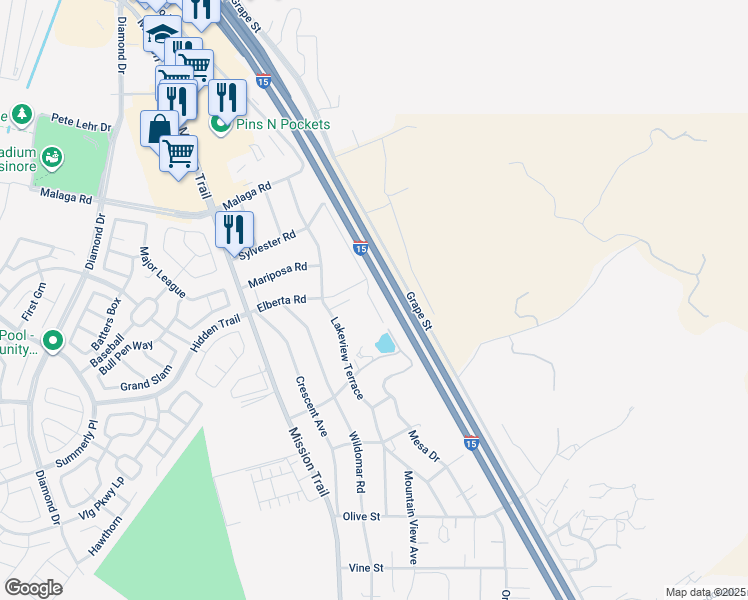 map of restaurants, bars, coffee shops, grocery stores, and more near 32480 Mesa Drive in Lake Elsinore