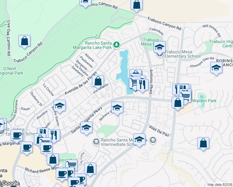 map of restaurants, bars, coffee shops, grocery stores, and more near 134 Montana Del Lago Drive in Rancho Santa Margarita