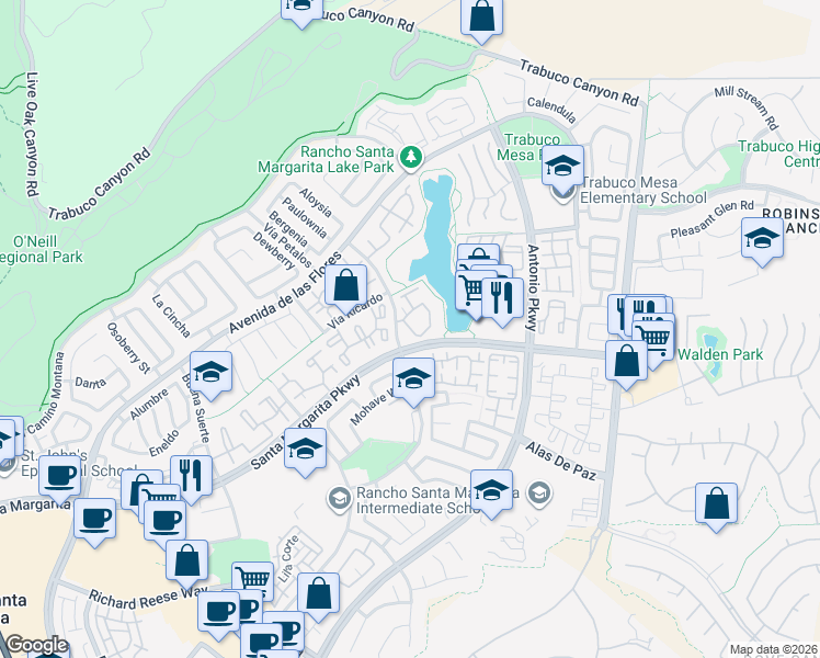 map of restaurants, bars, coffee shops, grocery stores, and more near 2 Montana Del Lago Drive in Rancho Santa Margarita