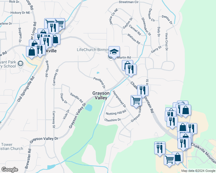 map of restaurants, bars, coffee shops, grocery stores, and more near 2300 Grayson Valley Drive in Birmingham