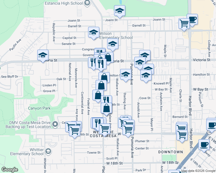 map of restaurants, bars, coffee shops, grocery stores, and more near 2060b Palace Avenue in Costa Mesa