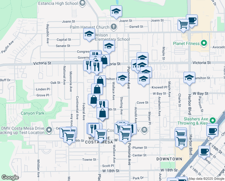 map of restaurants, bars, coffee shops, grocery stores, and more near 2063 Wallace Avenue in Costa Mesa