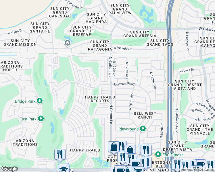map of restaurants, bars, coffee shops, grocery stores, and more near 17086 West Stevenage Street in Surprise
