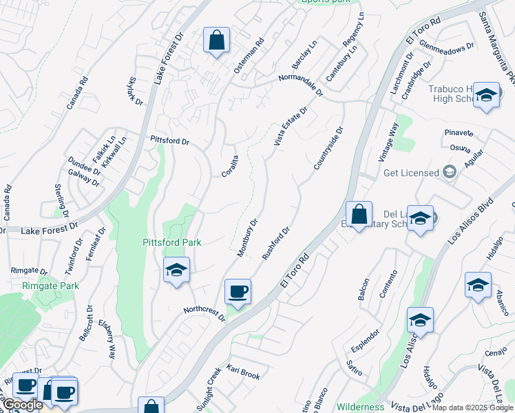 map of restaurants, bars, coffee shops, grocery stores, and more near 21581 Montbury Drive in Lake Forest