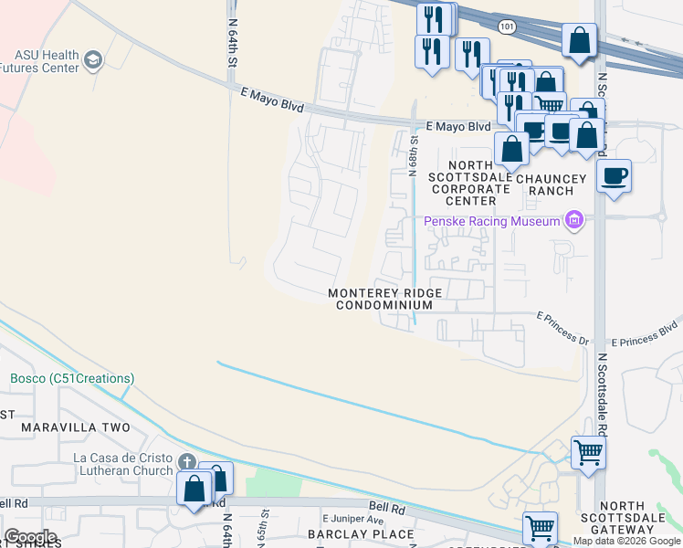 map of restaurants, bars, coffee shops, grocery stores, and more near 18011 North 66th Way in Phoenix