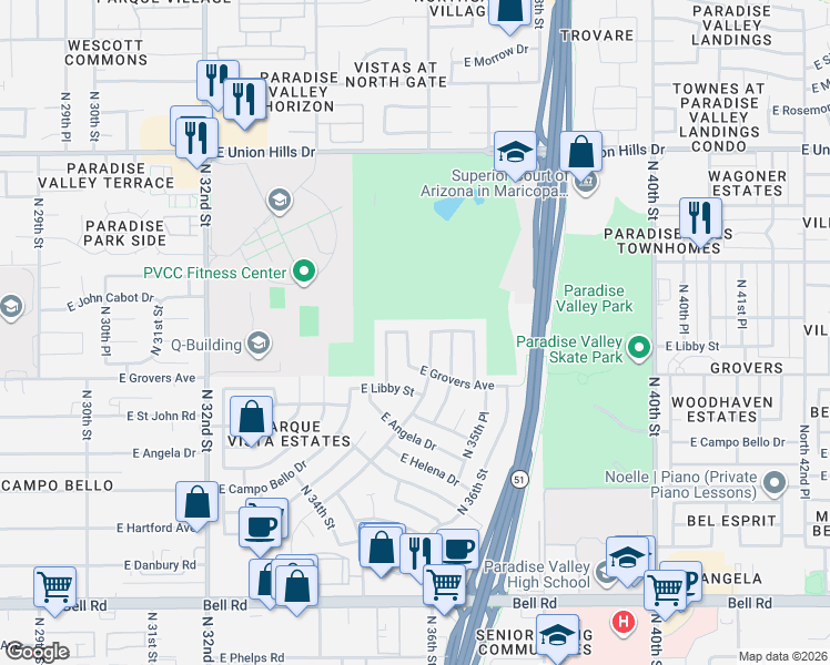 map of restaurants, bars, coffee shops, grocery stores, and more near 3462 East Charleston Avenue in Phoenix