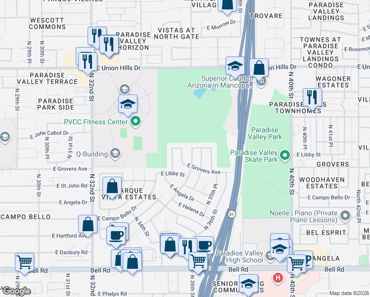 map of restaurants, bars, coffee shops, grocery stores, and more near 3462 East Charleston Avenue in Phoenix