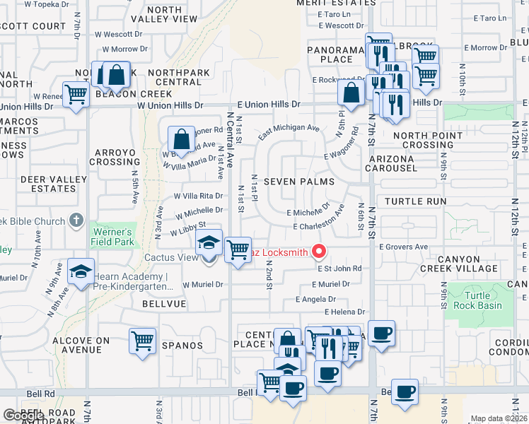 map of restaurants, bars, coffee shops, grocery stores, and more near 18013 North 1st Place in Phoenix