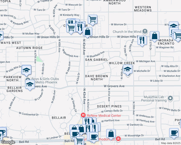 map of restaurants, bars, coffee shops, grocery stores, and more near 4215 West Villa Rita Drive in Glendale