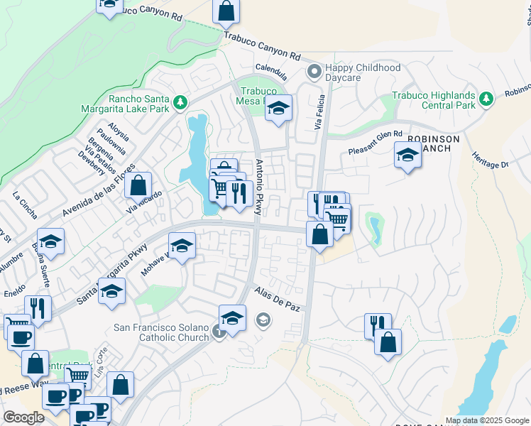 map of restaurants, bars, coffee shops, grocery stores, and more near in Rancho Santa Margarita