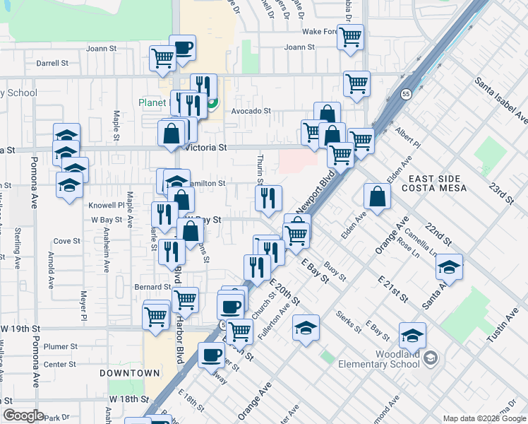 map of restaurants, bars, coffee shops, grocery stores, and more near 350 Gulf Stream Way in Costa Mesa