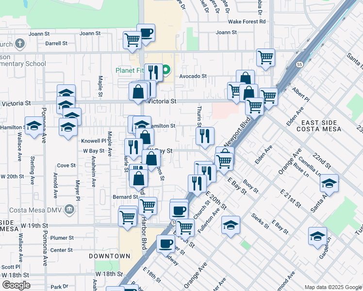 map of restaurants, bars, coffee shops, grocery stores, and more near 376 West Bay Street in Costa Mesa